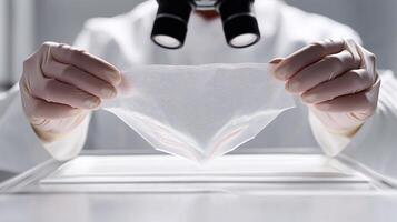 Scientist holding a translucent sheet of synthetic skin under laboratory lighting, showcasing sterile conditions, biomedical materials, and human tissue engineering for graft procedures. photo