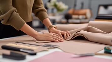 Hands folding fabric in fashion design studio. Seamstress working with textiles and tools. Concept of clothing creation, tailoring, garment production, and craftsmanship. photo
