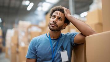 Stressed warehouse worker standing among boxes, showing signs of job burnout, overwork, and frustration in logistics or manual labor environment. Workplace mental health concept. photo