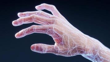 Human hand with artificial skin texture and neural structure overlay, symbolizing innovation in synthetic skin development, biotechnology, and medical technology. photo