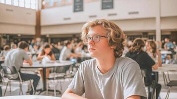 Teenager with glasses sitting alone at a table in a crowded school cafeteria, thoughtful and isolated, highlighting feelings of loneliness and introspection among bustling student life. photo