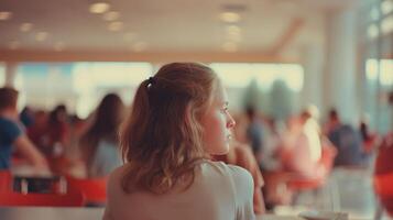 Teenage girl sitting alone in a crowded cafeteria, looking away with a thoughtful expression. Warm cinematic light and soft focus create a nostalgic and emotional mood. photo