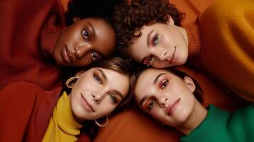 Diverse women with glowing skin tones and vibrant autumn-inspired makeup lie on a caramel backdrop, celebrating beauty in all shades and styles. Warm, rich colors enhance the harmony. . photo