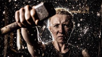 Strong female blacksmith in action, holding hammer, surrounded by sparks and sweat, symbolizing power, determination, and breaking gender roles in male-dominated professions. photo