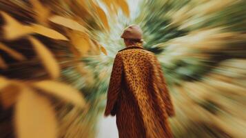 Woman walking in motion blur with psychedelic background, symbolizing disorientation, anxiety, mental journey, surreal perception, autumn mood, and dynamic visual effect. photo