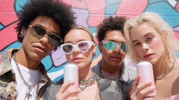 Stylish young adults in summer outfits pose confidently with pastel drinks, radiating youthful energy, fashion-forward vibes, and a fresh aesthetic against a colorful graffiti backdrop. photo