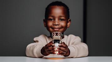 Smiling child proudly holding a small robot toy, symbolizing early interest in technology, innovation, and robotics. Warm, modern indoor setting emphasizing curiosity and creativity. photo