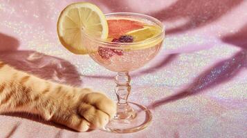 Sparkling drink with citrus slices and berries in a glass, cat paw reaching from the side on a glittery holographic surface. Whimsical summer vibe with playful mermaidcore energy and youth appeal. photo