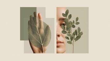 Minimalist collage showing a close-up of a woman's face and hand with green leaves, symbolizing harmony with nature, inner balance, sustainability, and the connection between humans and the earth. photo