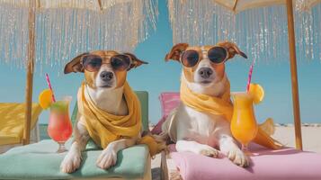Two stylish dogs in sunglasses relaxing on pastel loungers with colorful drinks at the beach. Trendy, dreamy summer vibes with mermaidcore tones, perfect for youth lifestyle branding. photo