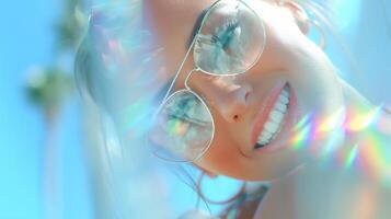 A smiling young woman wearing reflective sunglasses under the summer sun, surrounded by holographic light flares and palm trees, radiating joy, energy, and youth style. photo