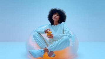 Trendy young woman in pastel outfit relaxing with juice on glowing chair in holographic style. Summer mood, chill vibes, youth lifestyle, minimal futuristic aesthetic. photo