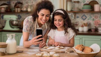 Smiling mother and daughter baking cookies while using a smartphone for an online recipe, capturing a joyful moment in a cozy kitchen perfect for culinary blogs or cooking tutorials. photo