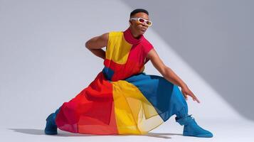 Dynamic fashion portrait of a non-binary model in bold red, yellow, and blue outfit, striking a powerful pose under dramatic lighting. Celebrating identity, style, and creative expression. photo