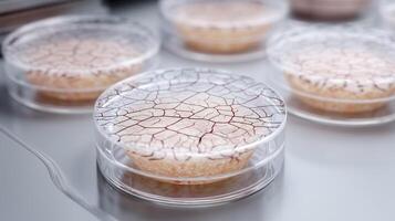 Artificial skin tissue cultivated in petri dish, bioengineering for medical transplant, close-up of synthetic epidermis with vascular-like texture in laboratory environment. photo