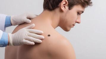 A dermatologist examines a mole on a young man's back, highlighting the importance of regular skin checkups for early detection and prevention of skin health issues in clinical settings. photo