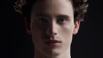 High-resolution face of young man with facial recognition mesh. Concept of face scanning, biometric data, AI technology, digital identity, online dermatology, cyber security. photo