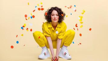 Energetic woman in yellow jumpsuit crouching with colorful confetti flying around, expressing dynamic party vibes, youth celebration, and playful modern style on beige background. photo