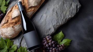 Wine bottle mockup with blank label placed beside grapes and artisan bread on slate stone. Ideal for showcasing branding, wine packaging design, and premium tasting concepts in rustic setting. photo