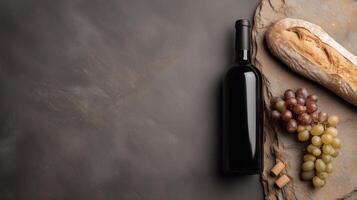 Minimalistic wine bottle without label placed on slate stone, styled with grapes and artisan bread. Ideal mockup for showcasing wine branding, tasting visuals, or luxury product design. photo