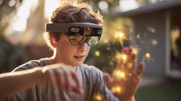 Boy using augmented reality headset outdoors, interacting with glowing holograms. Concept of future, immersive technology, AR experience, education, digital magic, and next-gen innovation. photo