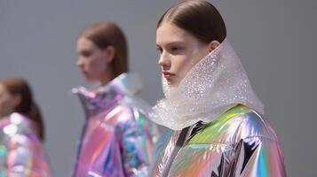 Fashion models showcasing futuristic outfits with iridescent textures and shimmering fabrics, featuring stylish coats and accessories, creating a vibrant atmosphere in a contemporary runway setting photo