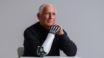 Elderly man with gray hair and a confident expression, showcasing a modern prosthetic arm while resting his chin on his hand, symbolizing resilience and technological advancement in healthcare photo