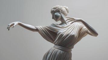Elegant white marble sculpture of a graceful female figure in flowing attire, captured in a dynamic pose, showcasing artistry and craftsmanship with soft lighting enhancing the intricate details photo