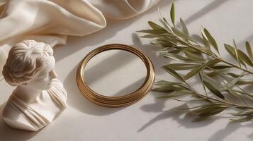 Elegant still life composition featuring a classical bust sculpture, a round mirror with a golden frame, and lush green olive leaves on a soft fabric background, creating a serene atmosphere photo