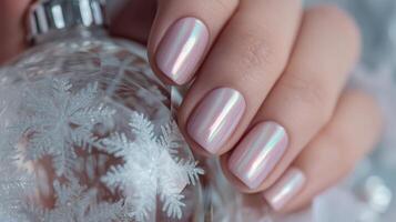 Close-up of elegant manicured nails with iridescent finish, gently holding a decorative glass ornament featuring intricate snowflake patterns, creating a festive and stylish holiday atmosphere photo