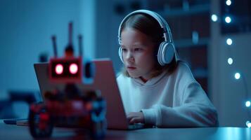 Young girl wearing headphones is focused on laptop screen while interacting with a colorful robot toy on a table, illuminated by soft blue lighting creating a tech-savvy learning environment photo