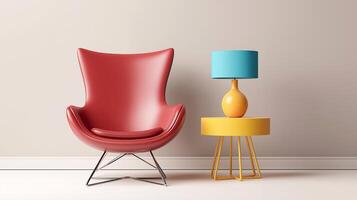 Modern red lounge chair with sleek design positioned beside a vibrant yellow side table and blue lamp, creating a stylish and inviting atmosphere in contemporary interior decor photo