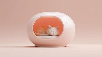 Cozy sleeping cat nestled inside modern pet bed with soft curves and warm colors, creating a serene atmosphere, showcasing comfort and relaxation in a stylish interior design setting photo