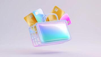 Colorful shopping basket with glossy credit cards floating above, showcasing modern digital payment methods and online shopping concepts in a vibrant, minimalist design with a soft gradient background photo