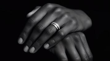 Close-up of elegant hands with a silver ring, showcasing intricate textures and details against a dark background, emphasizing beauty and craftsmanship in jewelry design and personal expression photo