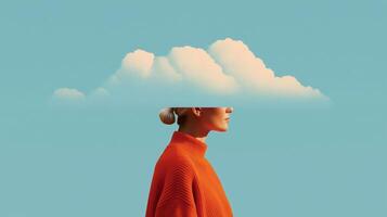 Conceptual portrait of woman with her head merging into a cloud, symbolizing mental health, daydreaming, dissociation, and emotional introspection. Minimalist surreal mood on blue background. photo