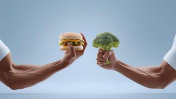 Conceptual image of healthy vs unhealthy food choice. Muscular arms holding burger and broccoli against clean background. Fitness, diet dilemma, lifestyle decision, balanced nutrition. photo