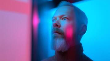 Thoughtful man in vibrant neon lighting, symbolizing mental health, inner chaos, emotional confusion, and subconscious processing in a surreal, futuristic atmosphere. photo