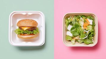 Burger and salad in takeout containers on colorful background. Concept of food choices, healthy eating vs fast food, diet contrast, nutrition balance, modern lifestyle, minimal pop art. photo