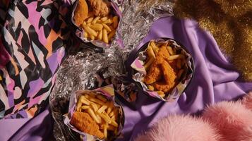 Flat lay of crispy fried chicken and golden fries in patterned packaging on eclectic background with foil, satin and fur textures. Bold fast food styling with playful party aesthetics. photo
