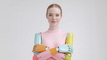 Smiling woman with colorful robotic arms. Modern bionic technology, human augmentation, futuristic design. Friendly cyber aesthetic and artificial intelligence concept. photo