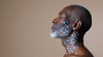 Elderly Black man in profile with glowing neural network nodes on face and neck, illustrating skincare science, nerve endings visualization, posture awareness, and skin health. photo