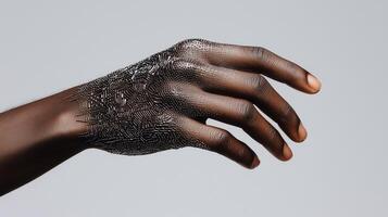 Advanced artificial skin technology concept. Human hand with futuristic digital surface texture symbolizing biotech innovation, skin graft development, and cybernetic evolution. photo