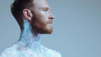 Profile of a futuristic man with glowing circuit patterns on his skin, symbolizing human and artificial intelligence fusion, cybernetic future, technology integration, and innovation. photo