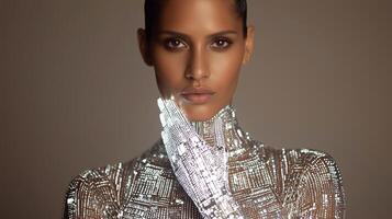 Futuristic female with synthetic glowing skin, representing advanced biotech, artificial skin development, and human enhancement through digital materials and cybernetic innovation. photo