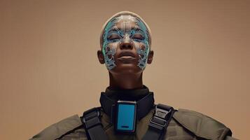 Futuristic woman with glowing cybernetic face patterns and closed eyes, symbolizing AI, technology integration, and human-machine evolution. Concept of transhumanism and advanced digital identity. photo