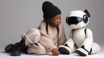 Cute child bonding with futuristic robot. Concept of friendship, artificial intelligence, childhood and emotional connection in a modern tech environment. photo
