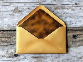 Elegant brown envelope with another envelope inside gently opened on a rustic wooden table with natural textures photo