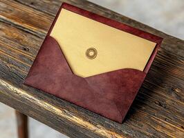 Elegant brown envelope with gold letter inside gently opened on a rustic wooden table with natural textures photo