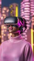 Woman engaged in virtual reality experience wearing a headset for corporate training and skill development purposes photo